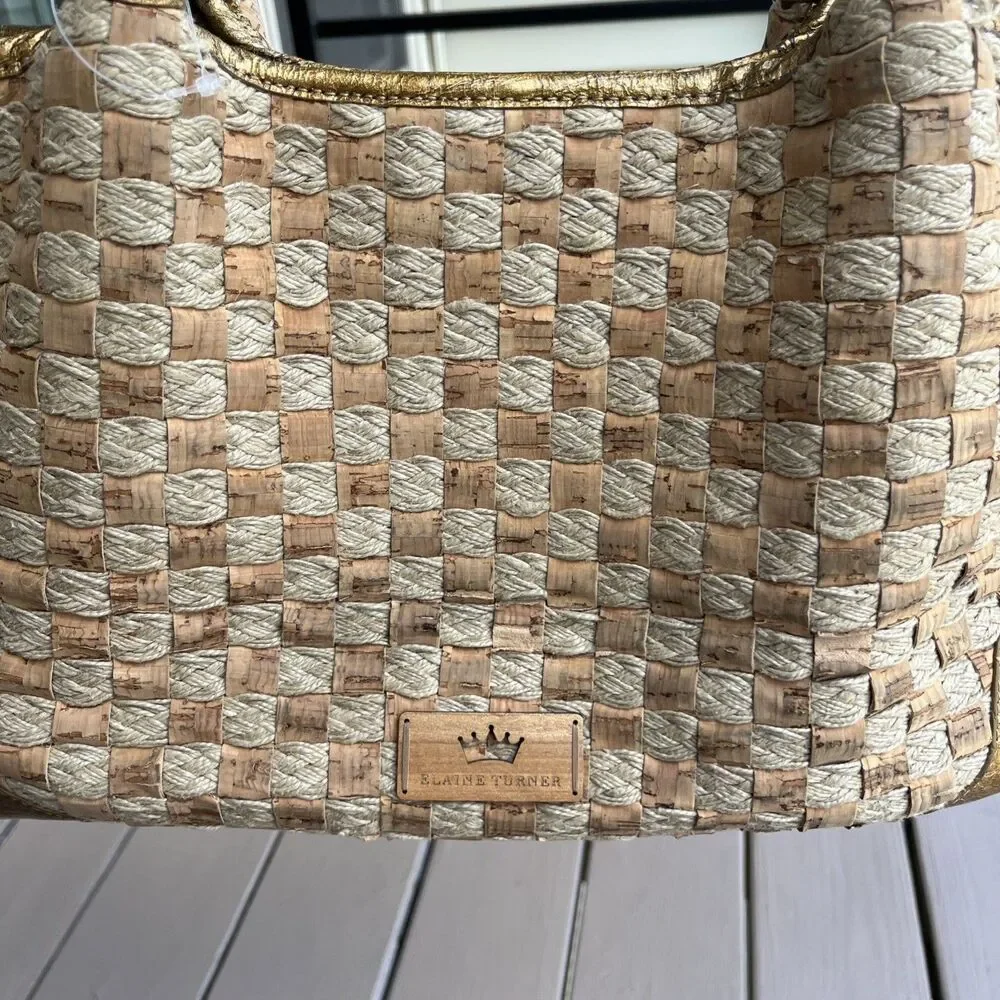 ELAINE TURNER Woven Cork Rope Tote Shoulder Bag Gold Leather Handles Boho